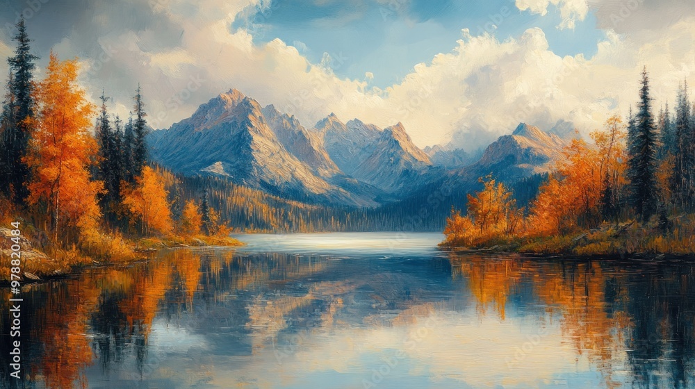 Fototapeta premium oil paiting lake and forest landscape art with andillustration, nature, travel, no people, abstract, sun, sky, sunset and moon light over the mountain