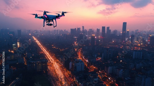 Drones capturing aerial footage of a city skyline at dusk, the streets below glowing with lights from cars and buildings.