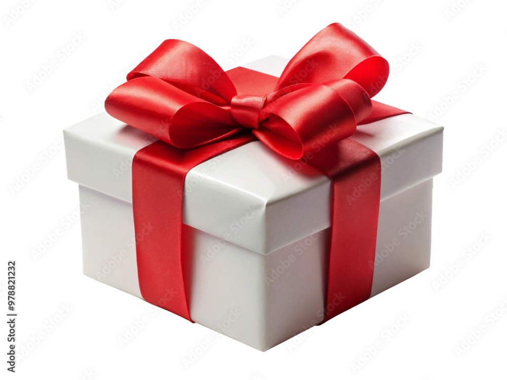 White gift box with red ribbon bow, isolated on white White gift box with red ribbon bow, isolated on white