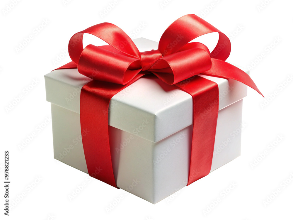 White gift box with red ribbon bow, isolated on white White gift box with red ribbon bow, isolated on white