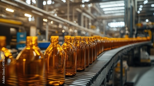 Factory conveyor belt carrying amber bottles in an industrial setting, showcasing the efficiency of automated production lines.