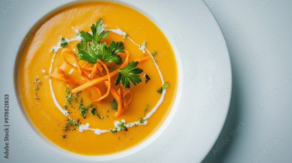 A vibrant carrot cream soup garnished with parsley and carrot, set against a white backdrop. A vibrant carrot cream soup garnished with parsley and carrot, set against a white backdrop.
