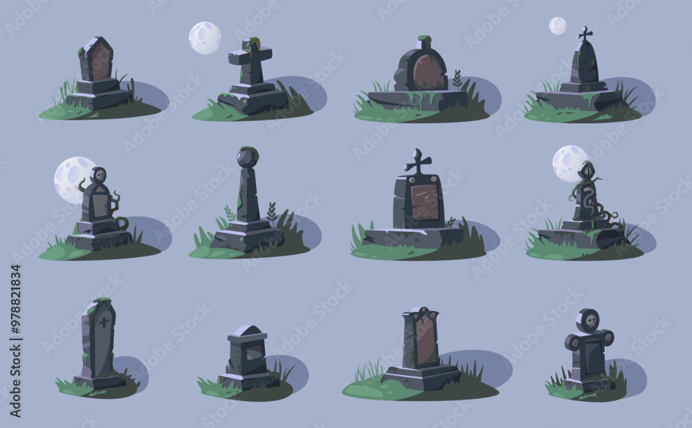 Empty tombstones. Cartoon grave stone with cross RIP inscription, cemetery headstone with empty space for text. Vector funeral memorial isolated set.eps Empty tombstones. Cartoon grave stone with cross RIP inscription, cemetery headstone with empty space for text. Vector funeral memorial isolated set.eps
