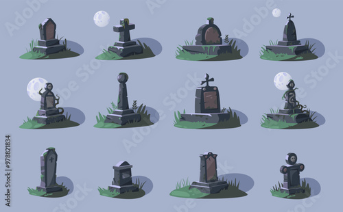 Empty tombstones. Cartoon grave stone with cross RIP inscription, cemetery headstone with empty space for text. Vector funeral memorial isolated set.eps