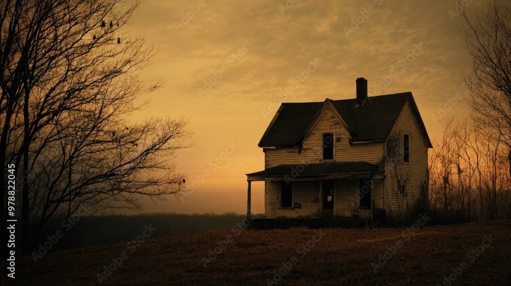 Ghostly silhouette by an old, deserted house at dusk, the fading light adding to the haunting, mysterious mood. Ghostly silhouette by an old, deserted house at dusk, the fading light adding to the haunting, mysterious mood.