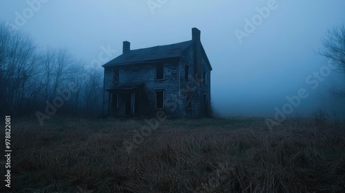 Ghostly silhouette by an old, deserted house at dusk, the fading light adding to the haunting, mysterious mood.