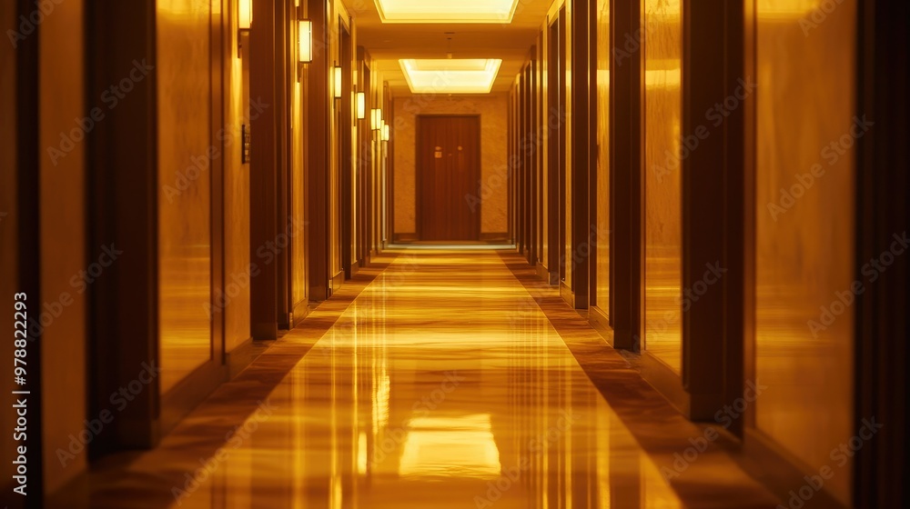 Glowing lights cast a soft, golden hue on a hotel hallway, creating a warm, inviting environment. Glowing lights cast a soft, golden hue on a hotel hallway, creating a warm, inviting environment.