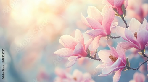 Serene magnolia blossoms in soft sunlight with pastel backdrop