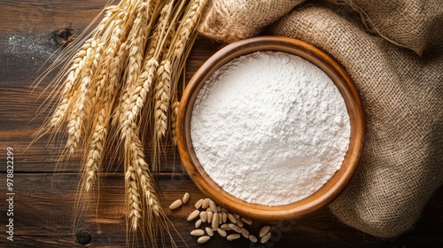 A bowl of flour surrounded by wheat stalks and a flour bag on a wooden table, creating a warm, inviting atmosphere for a kitchen ready for baking.