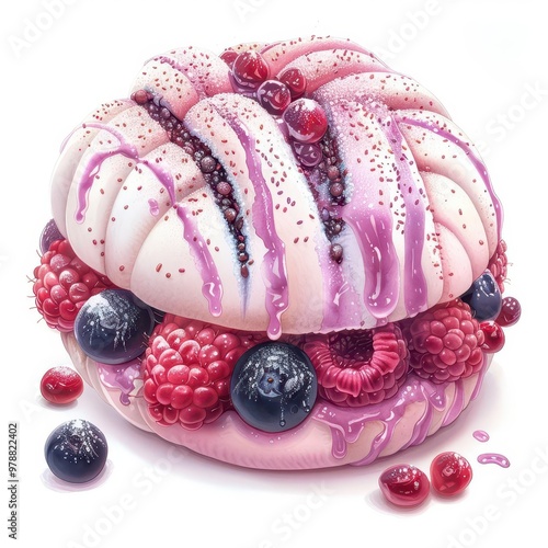 Delicious gourmet dessert featuring vibrant berries, creamy layers, and glossy drizzle, perfect for sweet indulgence and food photography.