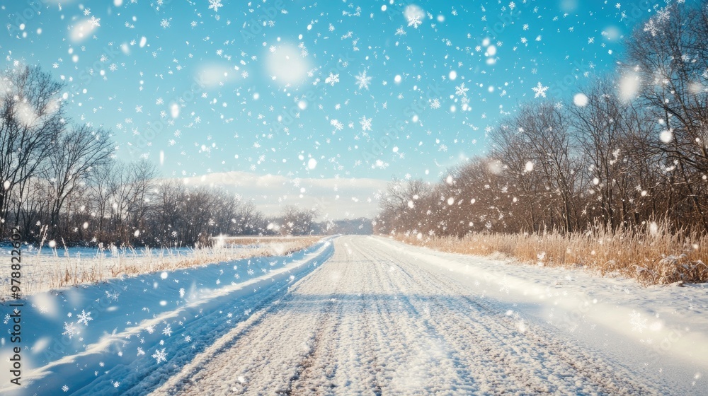 A bright blue sky frames a snow-covered road as delicate snowflakes fall softly, creating a serene and picturesque winter scene. A bright blue sky frames a snow-covered road as delicate snowflakes fall softly, creating a serene and picturesque winter scene.