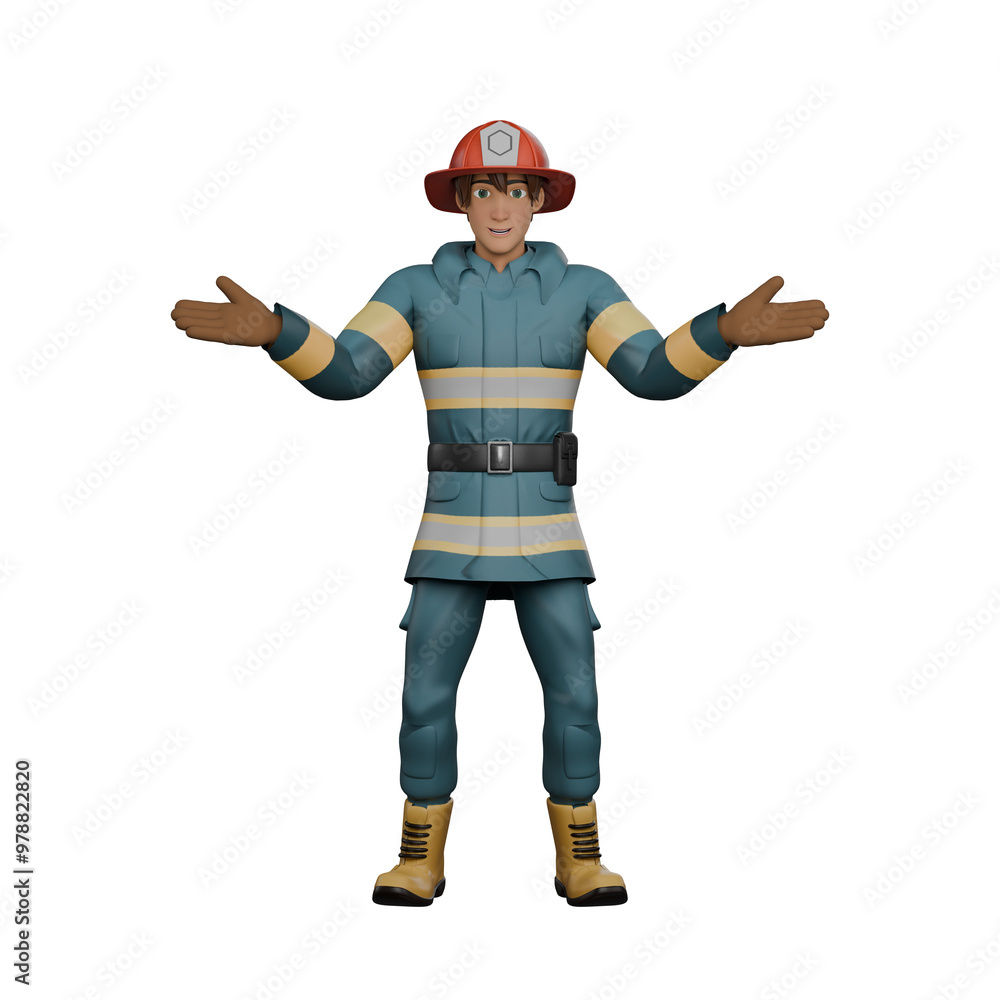 Firefighting Expert 3D Model. A firefighter stands with his arms outstretched as if to greet or give an explanation. Fireman Cartoon Firefighting Expert 3D Model. A firefighter stands with his arms outstretched as if to greet or give an explanation. Fireman Cartoon