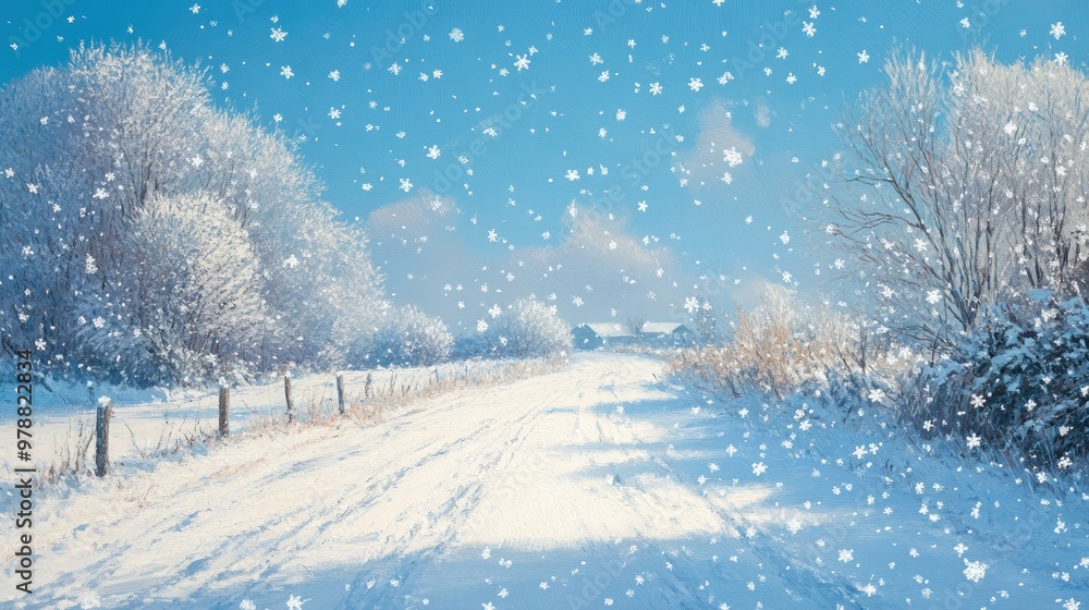 A bright blue sky frames a snow-covered road as delicate snowflakes fall softly, creating a serene and picturesque winter scene.