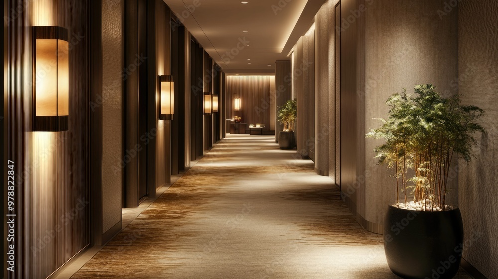 Hotel corridor with warm lighting and plush carpeting, inviting guests to relax in the softly illuminated space. Hotel corridor with warm lighting and plush carpeting, inviting guests to relax in the softly illuminated space.