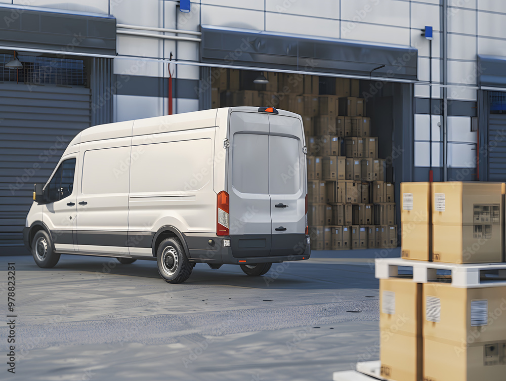 Naklejka premium Cargo minibus in a warehouse with products. Neural network AI generated art