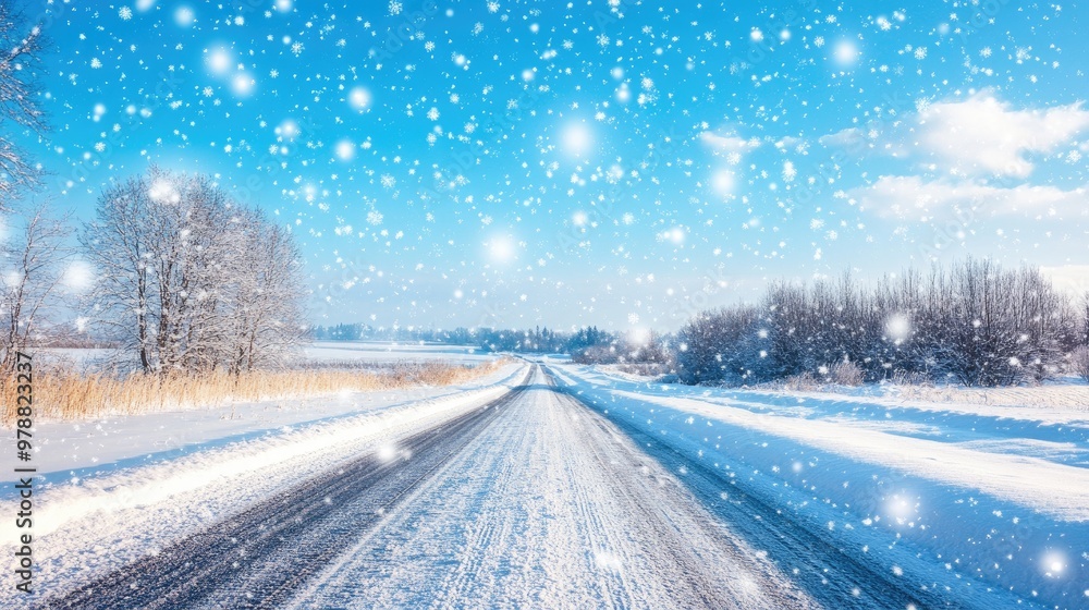 Obraz premium A bright blue sky frames a snow-covered road as delicate snowflakes fall softly, creating a serene and picturesque winter scene.