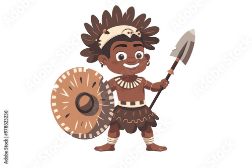 Zulu Impi: A powerful Zulu warrior, armed with an assegai and wearing a cowhide shield, on a minimalist background. photo