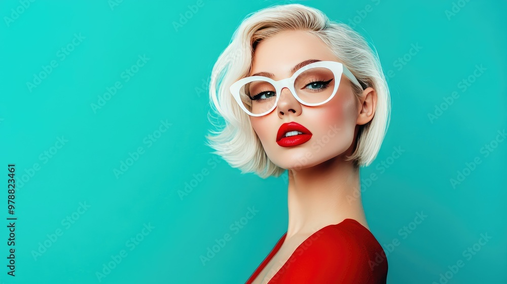 Modern, stylish woman with platinum blonde hair, red lips, and white cat-eye glasses, striking a bold pose against a solid turquoise backdrop. Modern, stylish woman with platinum blonde hair, red lips, and white cat-eye glasses, striking a bold pose against a solid turquoise backdrop.