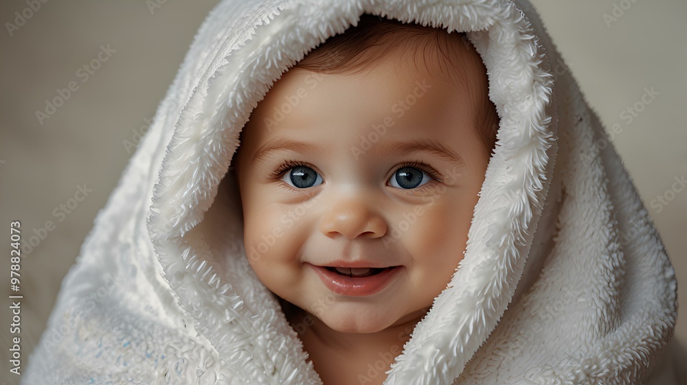 Portrait a cute happy smiling baby wrapped in a soft furry white blanket or towel. Portrait a cute happy smiling baby wrapped in a soft furry white blanket or towel.