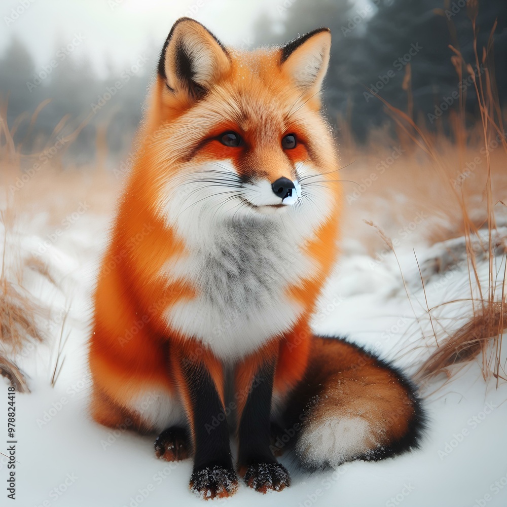 Fototapeta premium Red Fox Sitting in Snow, Winter Wildlife Photo.