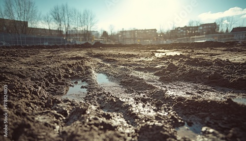 Capture a dramatic low-angle shot of a construction site, focusing on a foreground of rich, textured dirt with a flat .