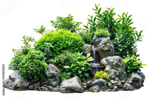 Visualize a garden oasis with green bushes and a water feature, the plants on a white background.