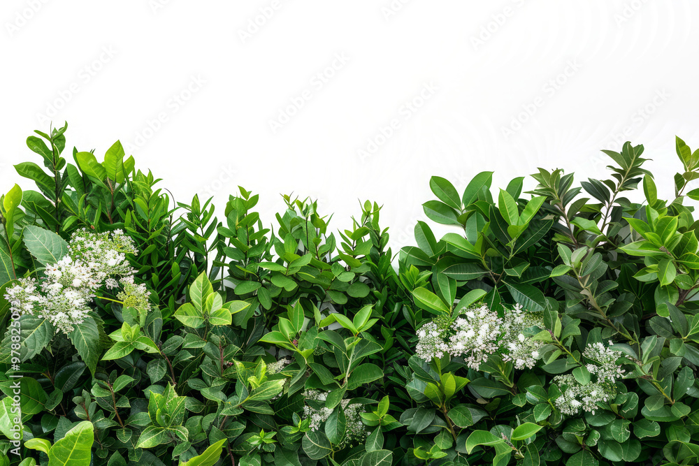 Close-up of green bushes, highlighting the variety of their leaves and flowers against a white background. Close-up of green bushes, highlighting the variety of their leaves and flowers against a white background.