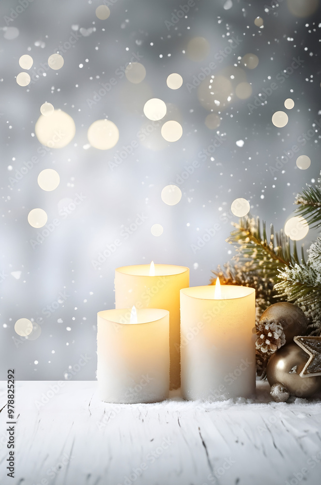 Yellow Christmas burning candles and green spruce branches still life on snow covered white wooden board with snowfall and golden sparkling abstract background. Yellow Christmas burning candles and green spruce branches still life on snow covered white wooden board with snowfall and golden sparkling abstract background.