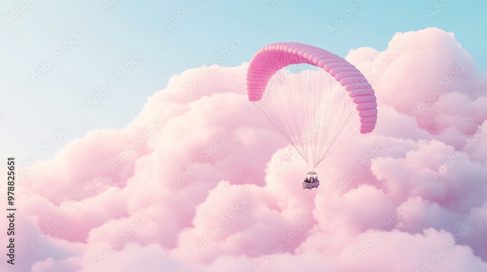 Obraz premium A Box flying on a parachute with pink cloud,vector illustration of package flying down from sky and cloud with parachute, concept for delivery service,shopping online,air delivery service.