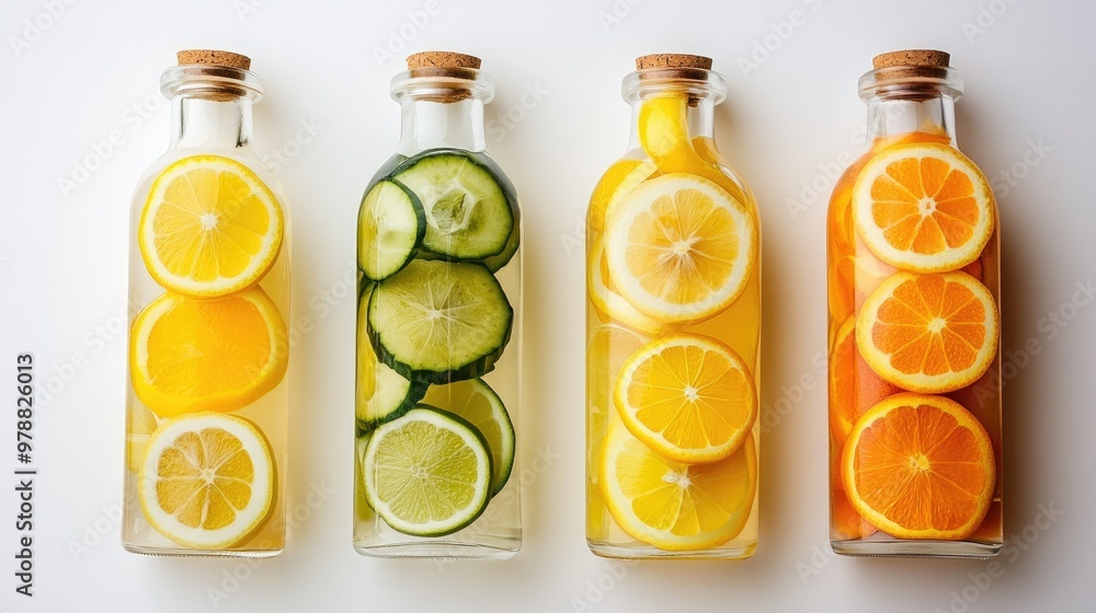 Three clear glass bottles, neatly arranged, filled with colorful fruits like mango, lemon, and orange slices, resting on a white surface. Three clear glass bottles, neatly arranged, filled with colorful fruits like mango, lemon, and orange slices, resting on a white surface.