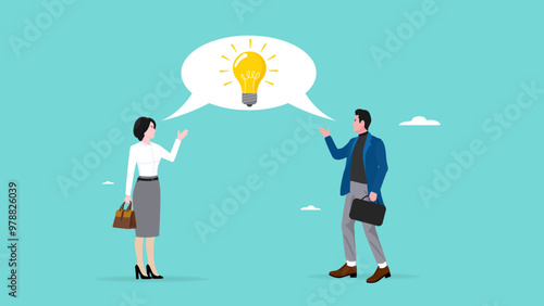 good communication skill for business success, Communicate Idea Effectively, discuss or exchange idea in meeting, suggestion or opinion, businessman communicating with colleagues with lightbulb symbol