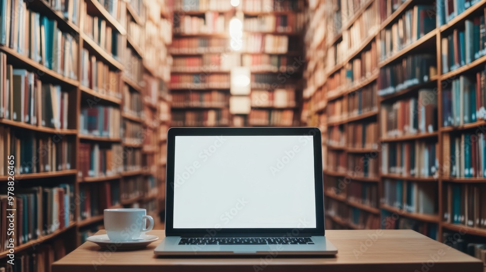 Laptop with blank screen on table and coffee cup in Night library,bookstore interior with Learning and coworking space,relax zone,Library with rows of bookshelves,school,university,education concept. Laptop with blank screen on table and coffee cup in Night library,bookstore interior with Learning and coworking space,relax zone,Library with rows of bookshelves,school,university,education concept.