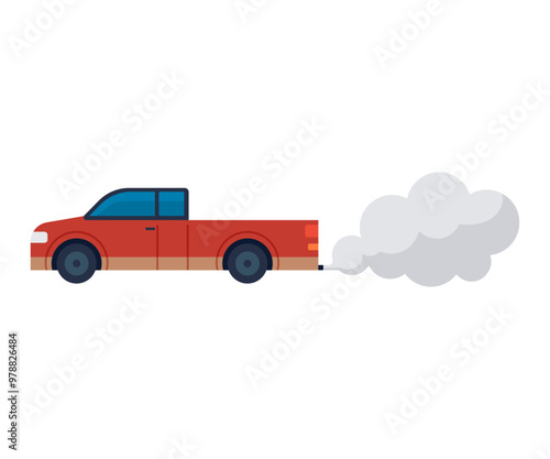 A red pickup truck is emitting gray exhaust smoke. The truck is minimalist in design with basic detailing. Ideal for automotive emissions, transportation, air pollution, environmental awareness photo