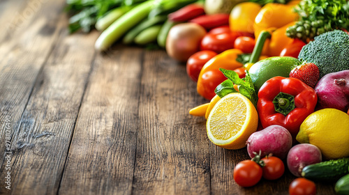 Close-up of vibrant fresh fruits and vegetables arranged in a balanced layout on a wooden table, symbolizing healthy gut nutrition and natural wellness.