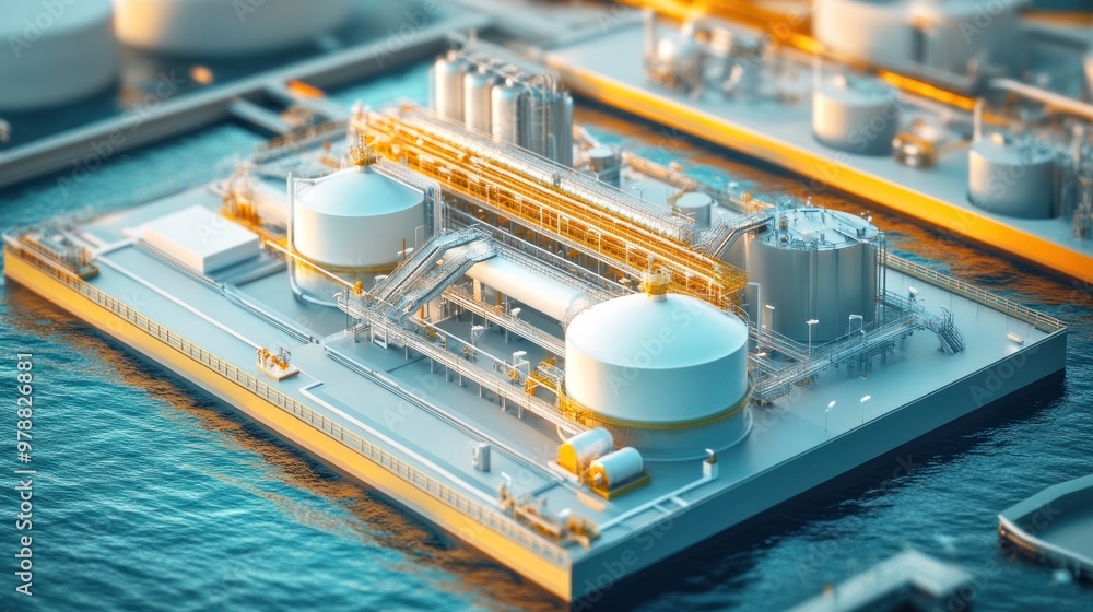 A detailed view of the process of liquefying natural gas for transport, showing the cooling equipment and storage tanks used in the LNG industry A detailed view of the process of liquefying natural gas for transport, showing the cooling equipment and storage tanks used in the LNG industry