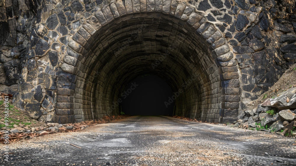 Naklejka premium Stone tunnel with arched entrance, dark and mysterious passage.