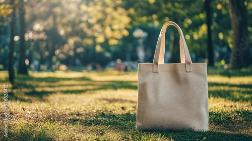 A stylish tote bag stands on lush green grass, showcasing its versatility and elegance in a natural outdoor setting. photo