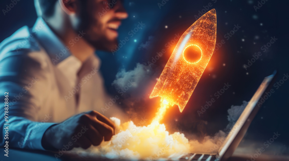 Businessman Launching A Digital Rocket From His Laptop. Concept Of ...