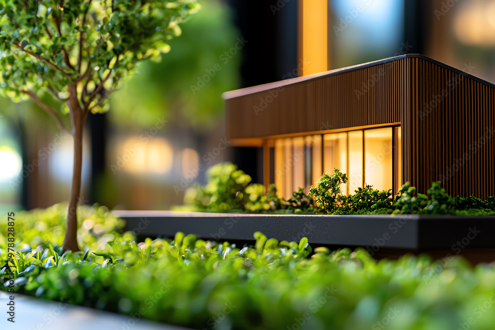 A stunning architectural model showcasing a modern house surrounded by lush greenery and trees, capturing contemporary design. A stunning architectural model showcasing a modern house surrounded by lush greenery and trees, capturing contemporary design.