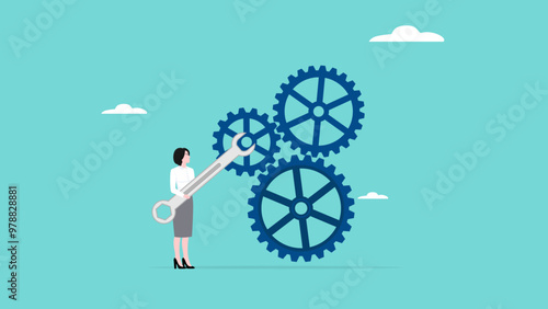 problem solving skill, leadership, businesswoman entrepreneur using the big key to fixing problems on cogwheel gears