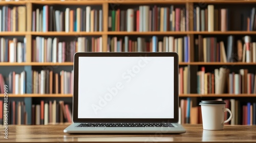 Laptop with blank screen on table and coffee cup in Night library,bookstore interior with Learning and coworking space,relax zone,Library with rows of bookshelves,school,university,education concept.