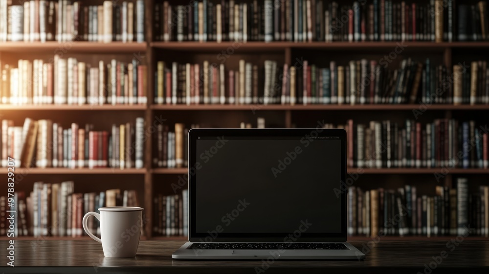 Laptop with blank screen on table and coffee cup in Night library,bookstore interior with Learning and coworking space,relax zone,Library with rows of bookshelves,school,university,education concept. Laptop with blank screen on table and coffee cup in Night library,bookstore interior with Learning and coworking space,relax zone,Library with rows of bookshelves,school,university,education concept.