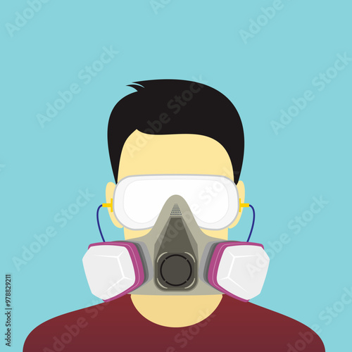 Face of a man worker wearing double filter respiratory mask, goggles, and ear plug as a personal protective equipment illustration. Industrial and construction safety standard.