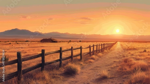 A rustic western background depicting a weathered wooden fence stretching across a barren desert plain, with a dusty road and a distant sheriff's office under the hot, golden sun photo