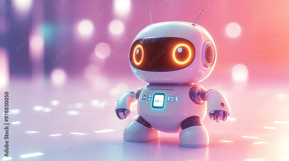 Obraz premium A friendly, white robot with glowing orange eyes stands on a surface illuminated by a soft pink and blue light.