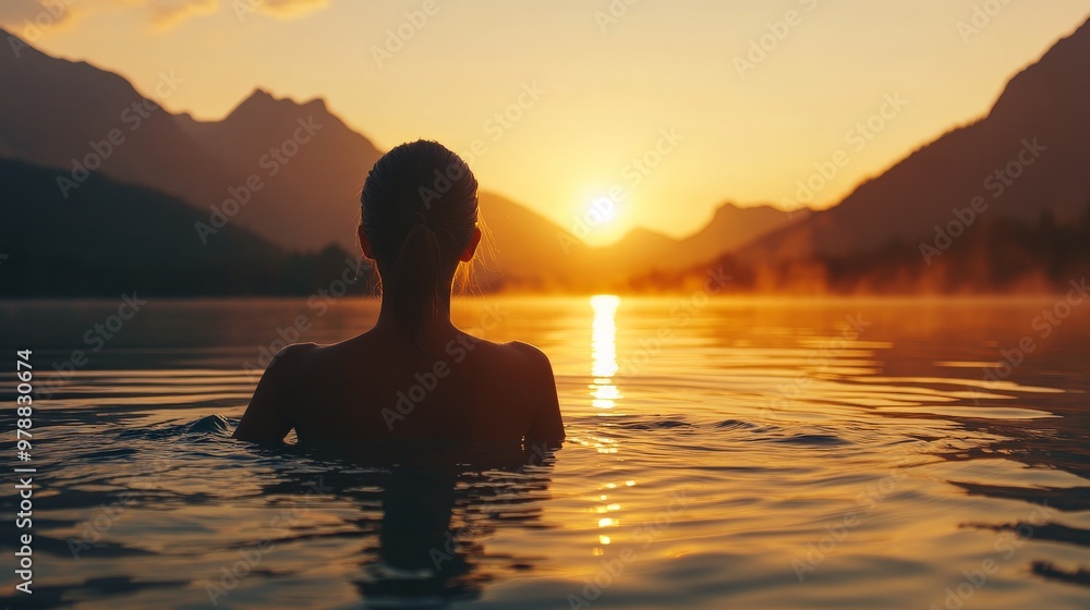 Fototapeta premium Silhouette of a woman in lake at sunset amidst mountain scenery