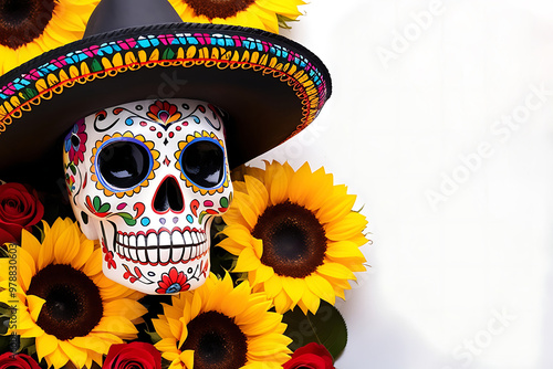Colorful ceramic skull weraing Mexican hat surrounded by sunflowers and roses with copy space on a white background.