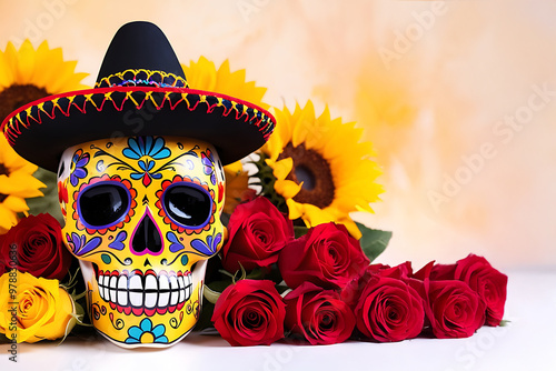 Colorful ceramic skull weraing Mexican hat surrounded by sunflowers and roses with copy space on a blur background.