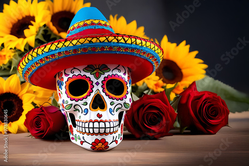 Colorful ceramic skull weraing Mexican hat surrounded by sunflowers and roses with copy space on a dark background.