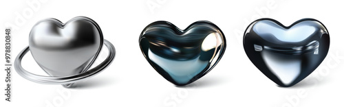 Vector illustration of metallic and glass hearts with reflective surfaces and unique designs. Ideal for modern, abstract, and creative projects. High-quality and versatile. 3d chrome hearts.